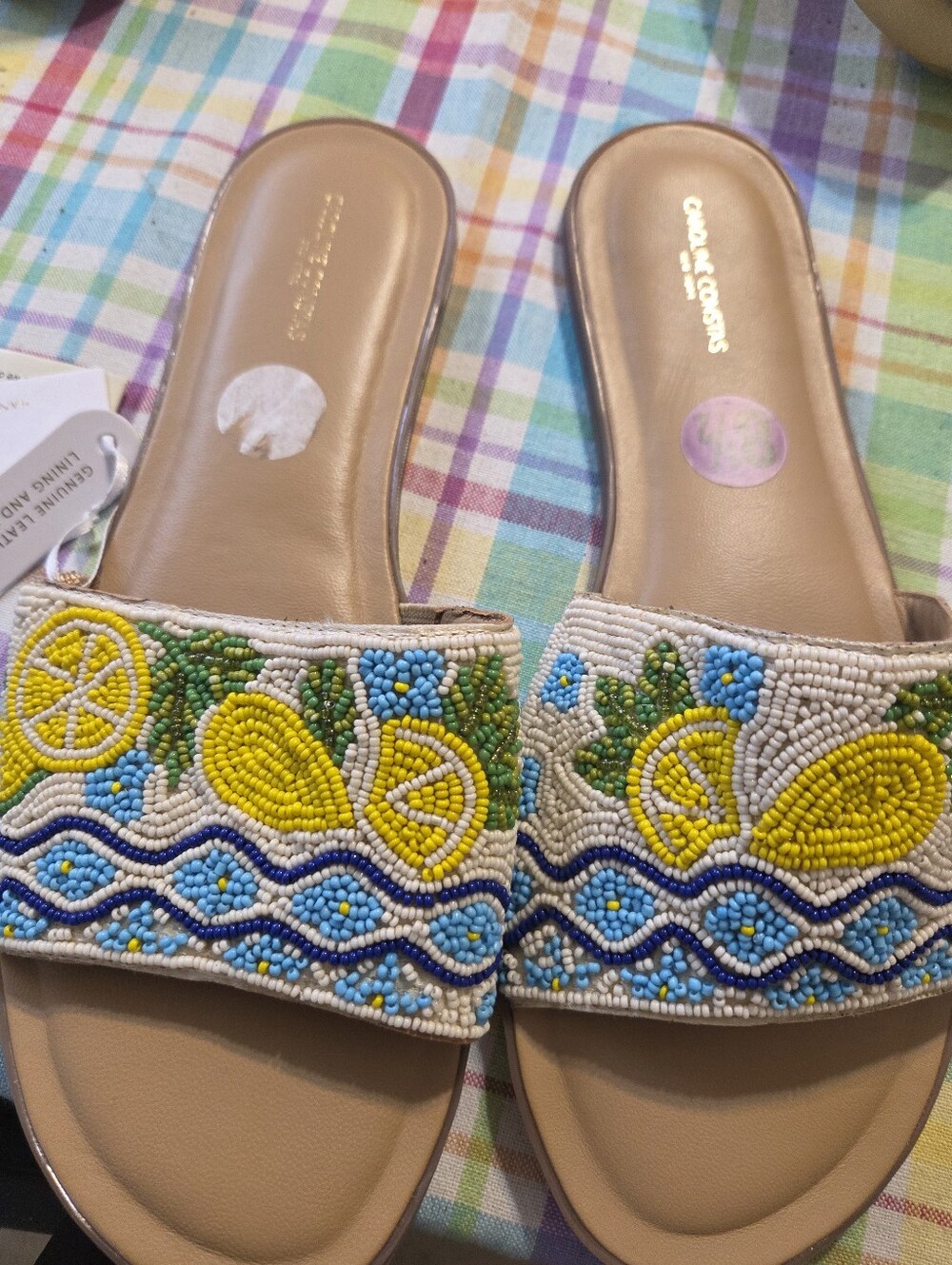 Caroline Constas Beaded Lemon Motif Slide Sandals - Yellow, Blue, Green, Tan